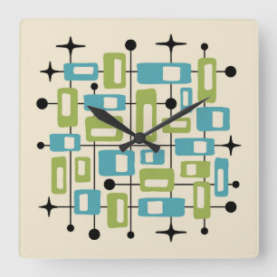 Färgrik Retro Mid Century Modern Atomisk Abstrakt Fyrkantig Klocka