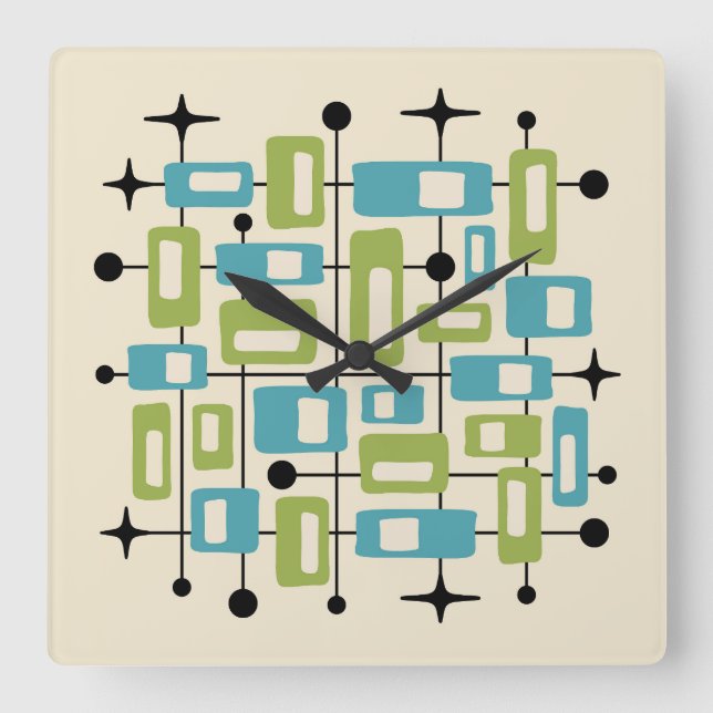 Färgrik Retro Mid Century Modern Atomisk Abstrakt Fyrkantig Klocka (Framsida)