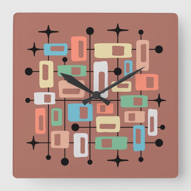 Färgrik Retro Mid Century Modern Atomisk Abstrakt Fyrkantig Klocka (Framsida)