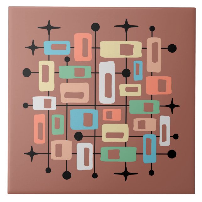 Färgrik Retro Mid Century Modern Atomisk Abstrakt Kakelplatta (Framsidan)