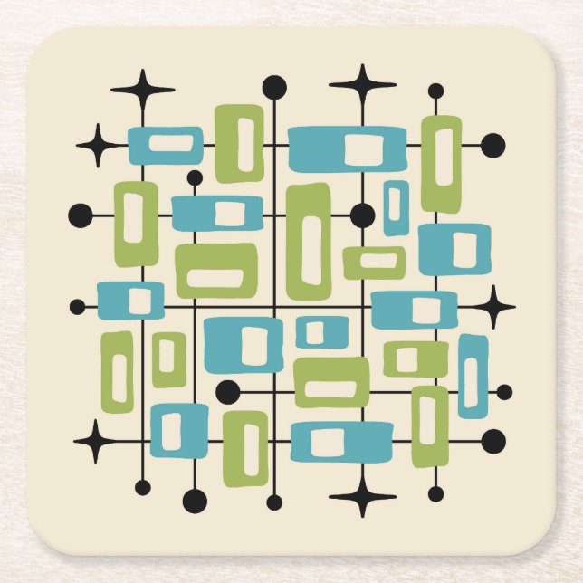 Färgrik Retro Mid Century Modern Atomisk Abstrakt Underlägg Papper Kvadrat (Framsidan)