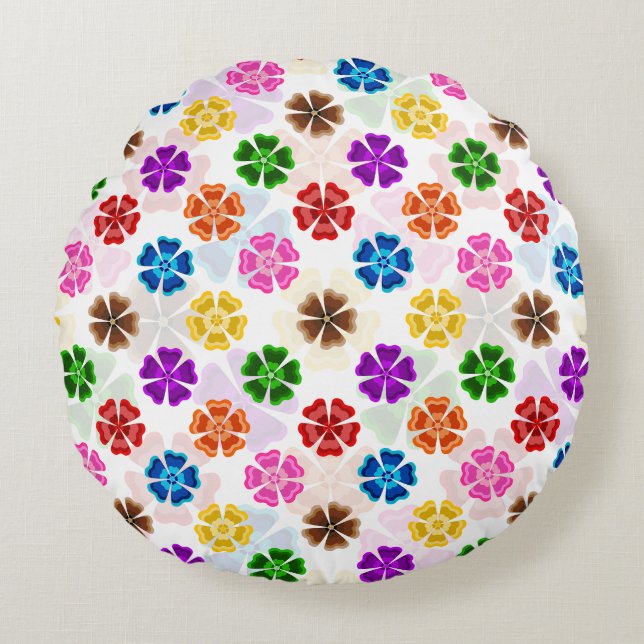 Färgrik Retro Regnbågsblommor Design Vit  Rund Kudde (Framsidan)
