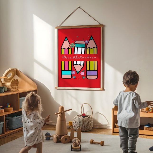 Färgrik Röd Lärare Tecknad Penn Pencil Poster (Skapare uppladdad)