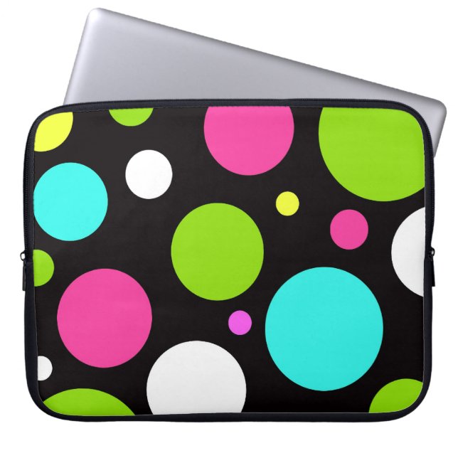Färgrik rolig stor polka dots på svart laptop fodral (Framsidan)