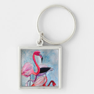 Färgrik rosa flamingo akvarell konst fyrkantig silverfärgad nyckelring