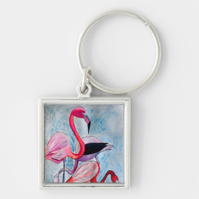 Färgrik rosa flamingo akvarell konst fyrkantig silverfärgad nyckelring (Framsidan)
