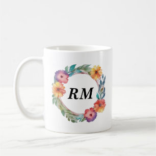 Färgrik Rund Blomster Ram i Vattenfärg Kaffemugg
