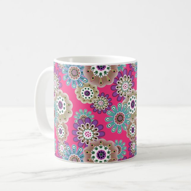 Färgrik rustik blomster mönster retro  kaffemugg (Framsida vänster)