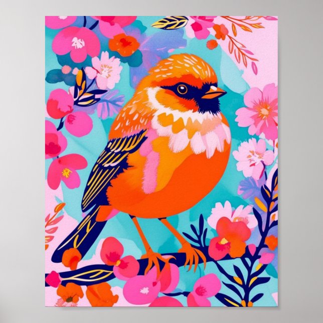 Färgrik sångfågelsposter – Livfull blomsterdesign Poster (Framsidan)