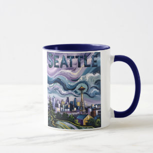 Färgrik Seattle Skyline Van Gogh Stadspanorama Res Mugg