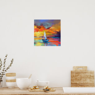 Färgrik Segelbåt Solnedgång Abstrakt Konst Poster