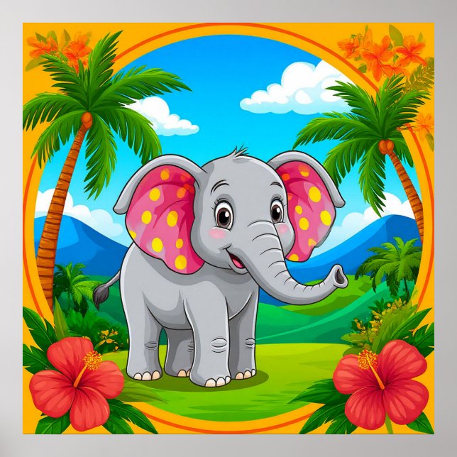 Färgrik serieelefant i tropisk landskap poster (Framsidan)