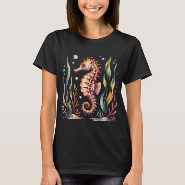 Färgrik sjöhästar med havsväxter t shirt (Framsida)