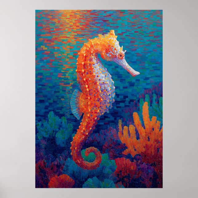 Färgrik sjöhästavlning med pointillism från havet poster (Framsidan)