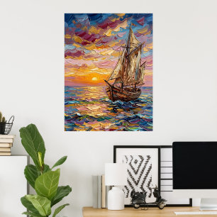 Färgrik Sjölandskap med Segelfartyg Poster