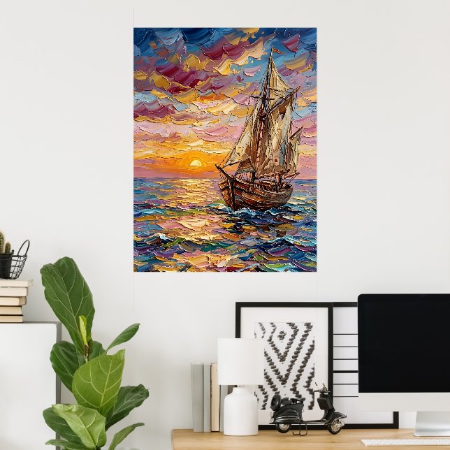 Färgrik Sjölandskap med Segelfartyg Poster (Hemmakontoret)