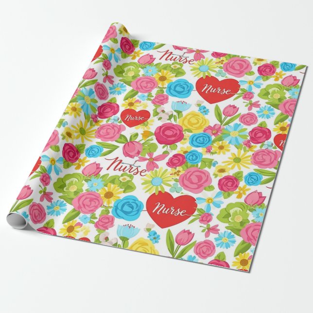 Färgrik Sjuksköterska Blommönster (2) Presentpapper (Utrullad)