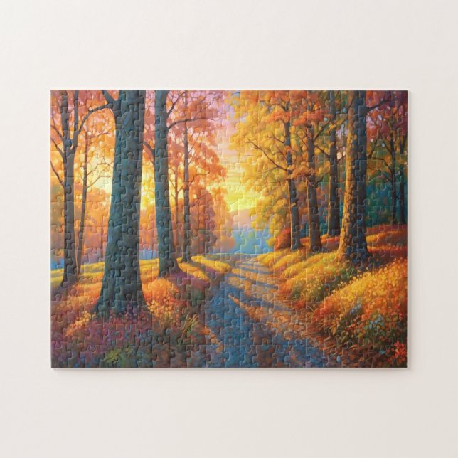 Färgrik skog höstfärger och solsken konst pussel (Horisontell)
