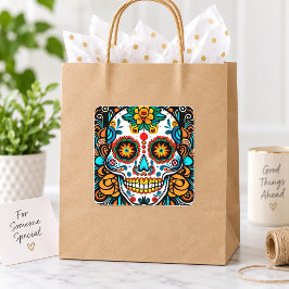 Färgrik Socker Skalle Blommig Folklig Konst Design Fyrkantigt Klistermärke
