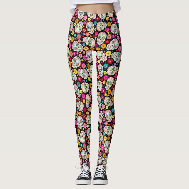 Färgrik sockerdöskallar och blommor på svart leggings (Framsida)