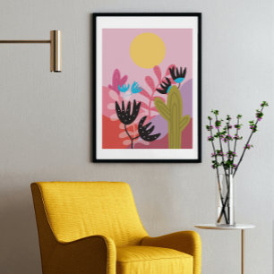 Färgrik sol öken modern kaktus deco konsttryck poster
