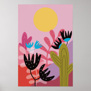 Färgrik sol öken modern kaktus deco konsttryck poster