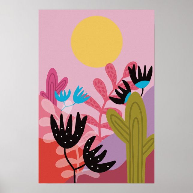 Färgrik sol öken modern kaktus deco konsttryck poster (Framsidan)