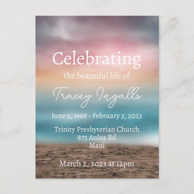 Färgrik solnedgång på stranden begravning vykort (Framsida)