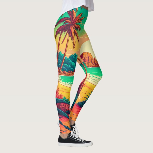 Färgrik sommar tropisk strand landskapsbild konstv leggings (Höger)