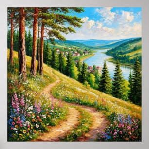 Färgrik sommarlandskap med vilda blommor poster