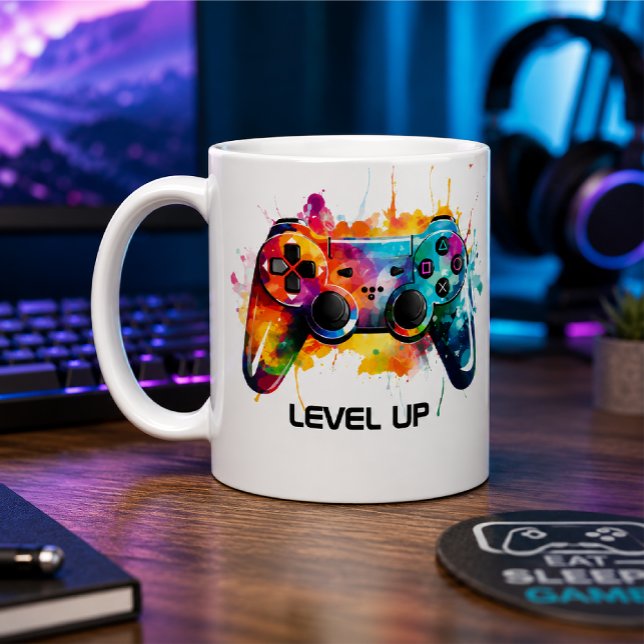 Färgrik spelkontroll "Level Up"-muggdesign Kaffemugg (Skapare uppladdad)
