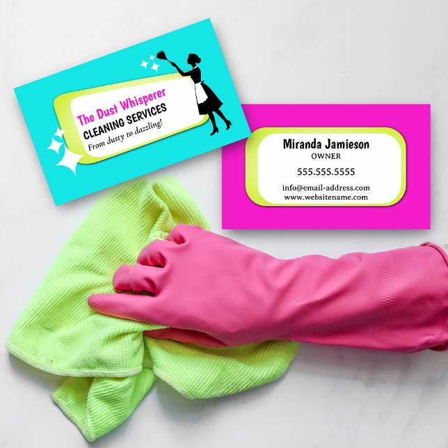 Färgrik städningstjänst professionell rengöring visitkort (Colorful dusting maid professional cleaning business card front and back.)