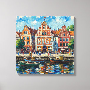 Färgrik stadsbild från Rigas strandpromenad på can Canvastryck
