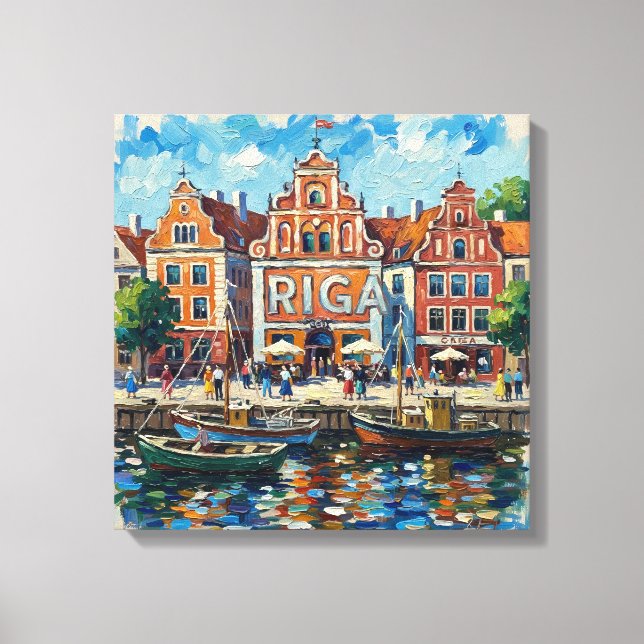 Färgrik stadsbild från Rigas strandpromenad på can Canvastryck (Framsida)