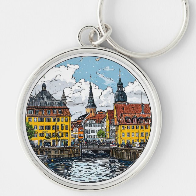 Färgrik stadsscen med pittoreska radhus rund silverfärgad nyckelring (Framsidan)