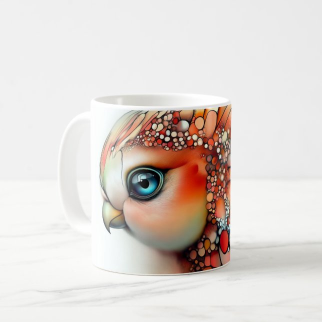 färgrik, stiliserad uggla eller papegojliknande få kaffemugg (Framsida vänster)