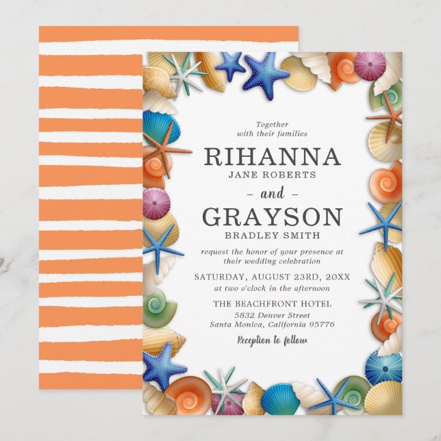 Färgrik strand snigelskal bröllop inbjudningar (Fram/baksida)
