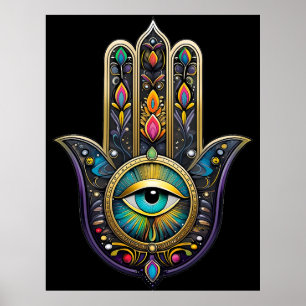 Färgrik Svart Guld Hamsa m/ Turkos Tredje Öga Poster