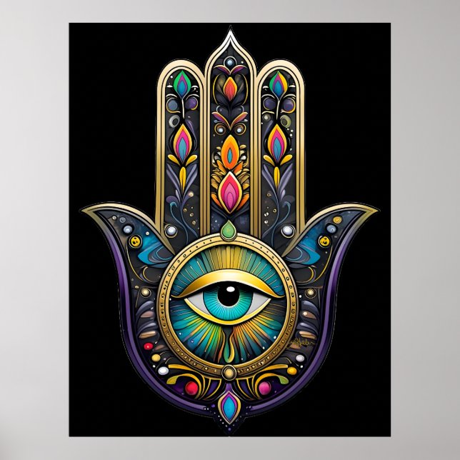Färgrik Svart Guld Hamsa m/ Turkos Tredje Öga Poster (Framsidan)