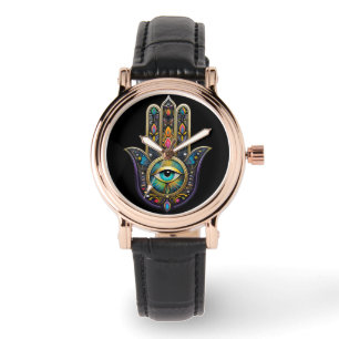 Färgrik Svart Guld Hamsa med Turkos Tredje Öga Armbandsur