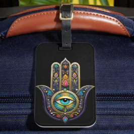 Färgrik Svart Guld Hamsa med Turkos Tredje Öga Bagagebricka