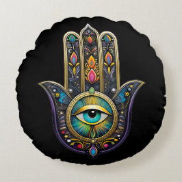 Färgrik Svart Guld Hamsa med Turkos Tredje Öga Rund Kudde