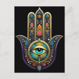 Färgrik Svart Guld Hamsa med Turkos Tredje Öga Vykort