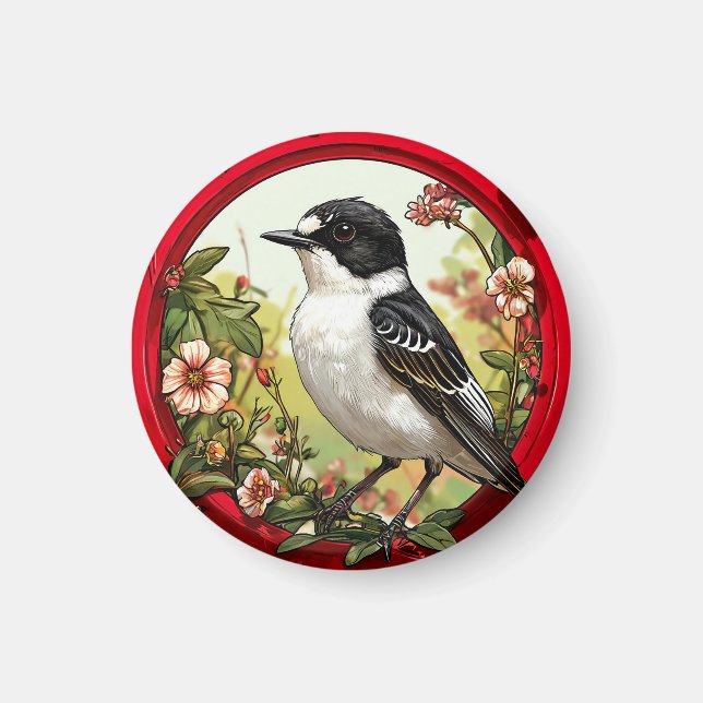 Färgrik svartvit flugsnappare fågel magnet (Framsidan)