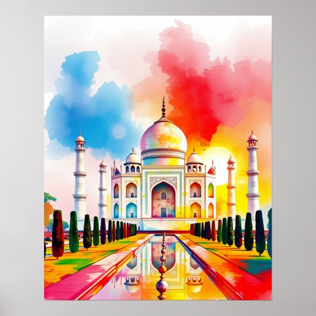 Färgrik Taj Mahal Akvarell Poster Print (Framsidan)
