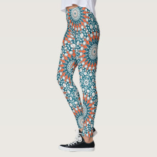 Färgrik Teal och Coral Mandala-utskrift Leggings