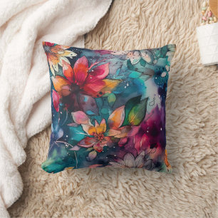Färgrik Teal Orange Blå Lila Akvarell Blomma Kudde