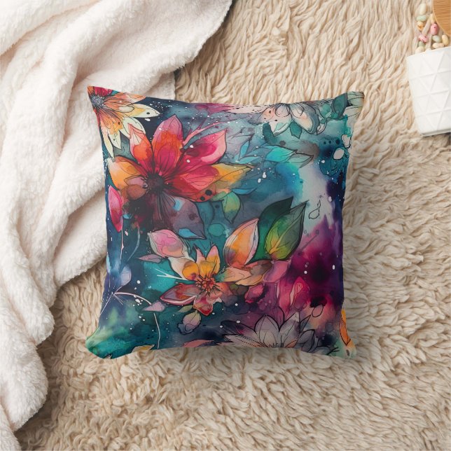 Färgrik Teal Orange Blå Lila Akvarell Blomma Kudde (Filt)