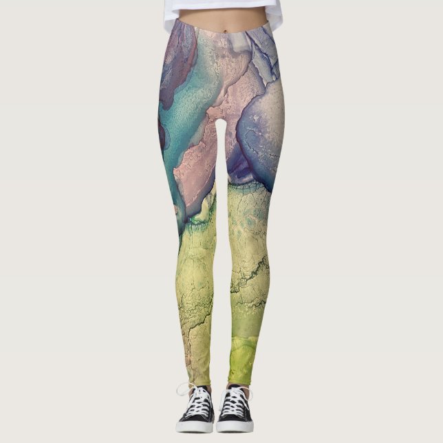 Färgrik Texturerad Alkoholbläck Vätska Abstrakt Ko Leggings (Framsida)