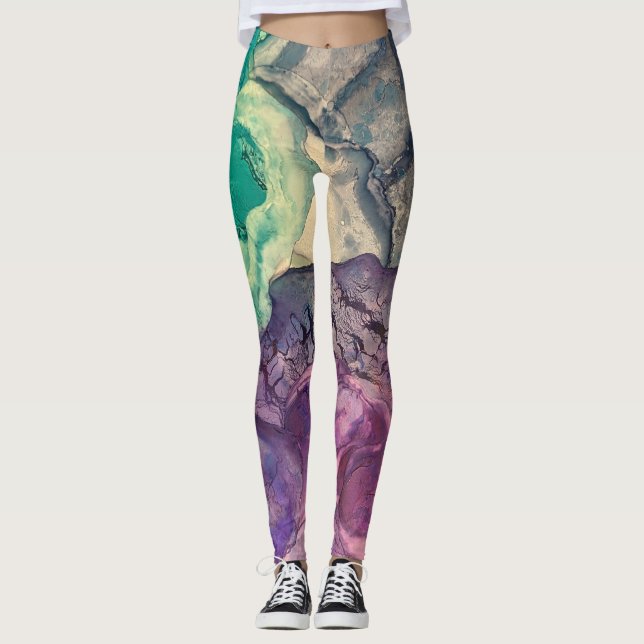 Färgrik Texturerad Alkoholbläck Vätska Abstrakt Ko Leggings (Framsida)